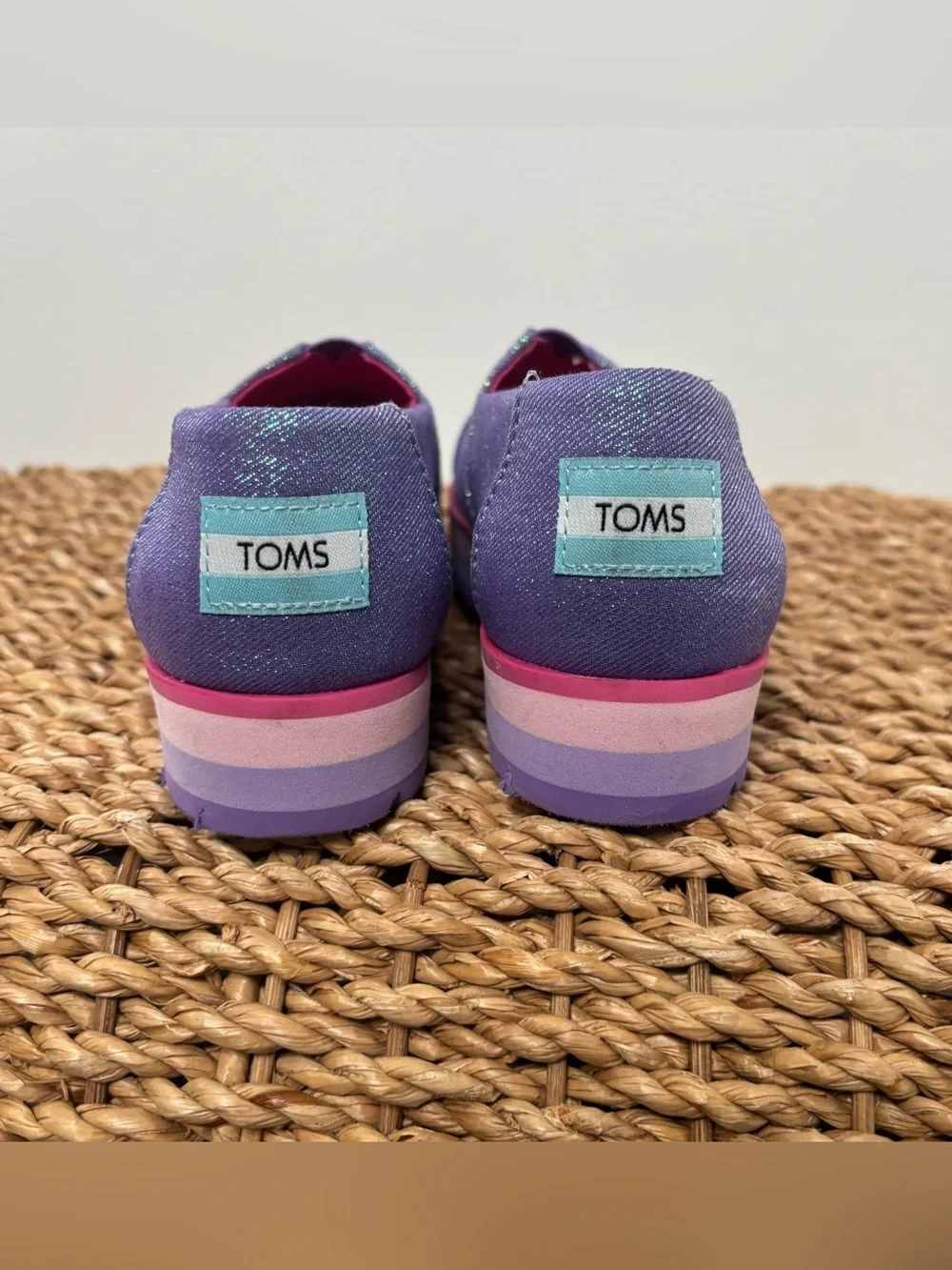 Toms Girls Purple Glitter Slip-On Platform Shoes with Pink Accents